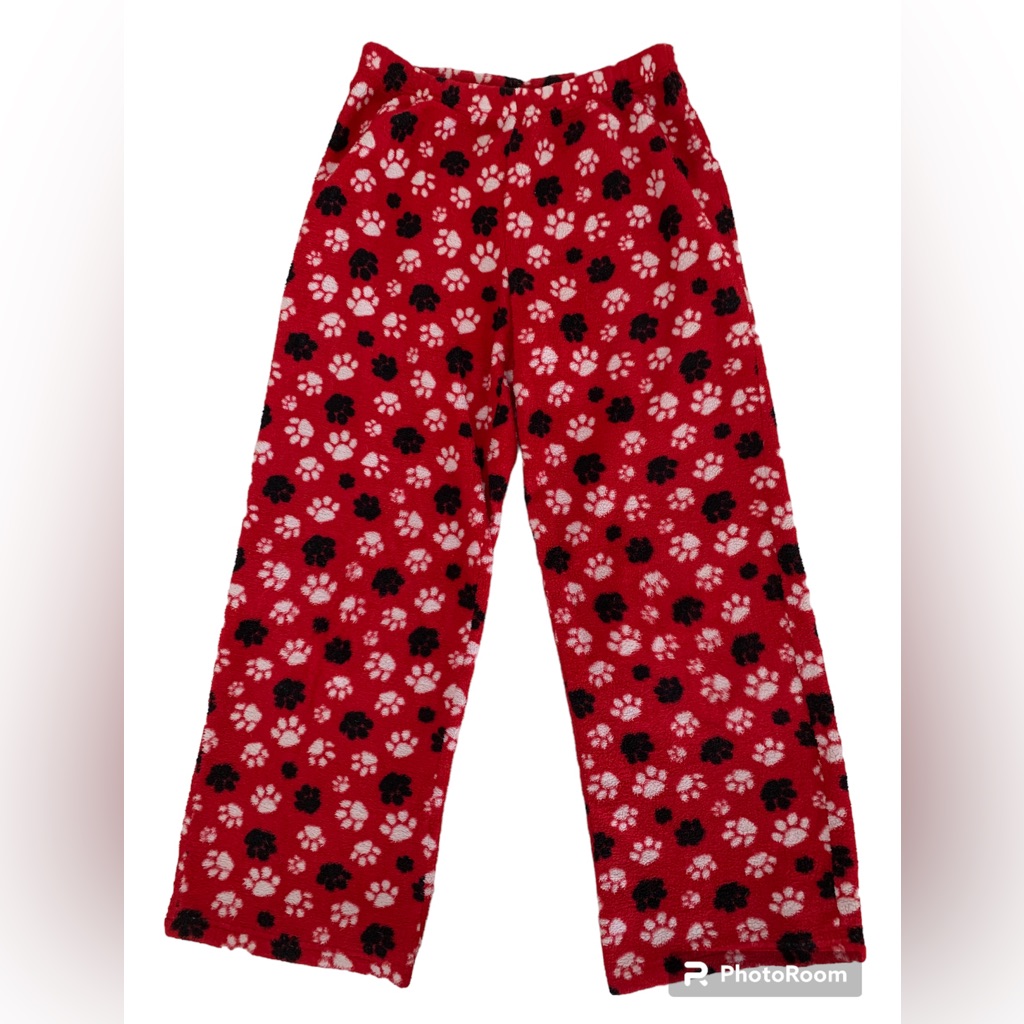 Kim Rogers Intimates Pajama Bottoms Fleece Pants Paw Prints Red Women's Size S